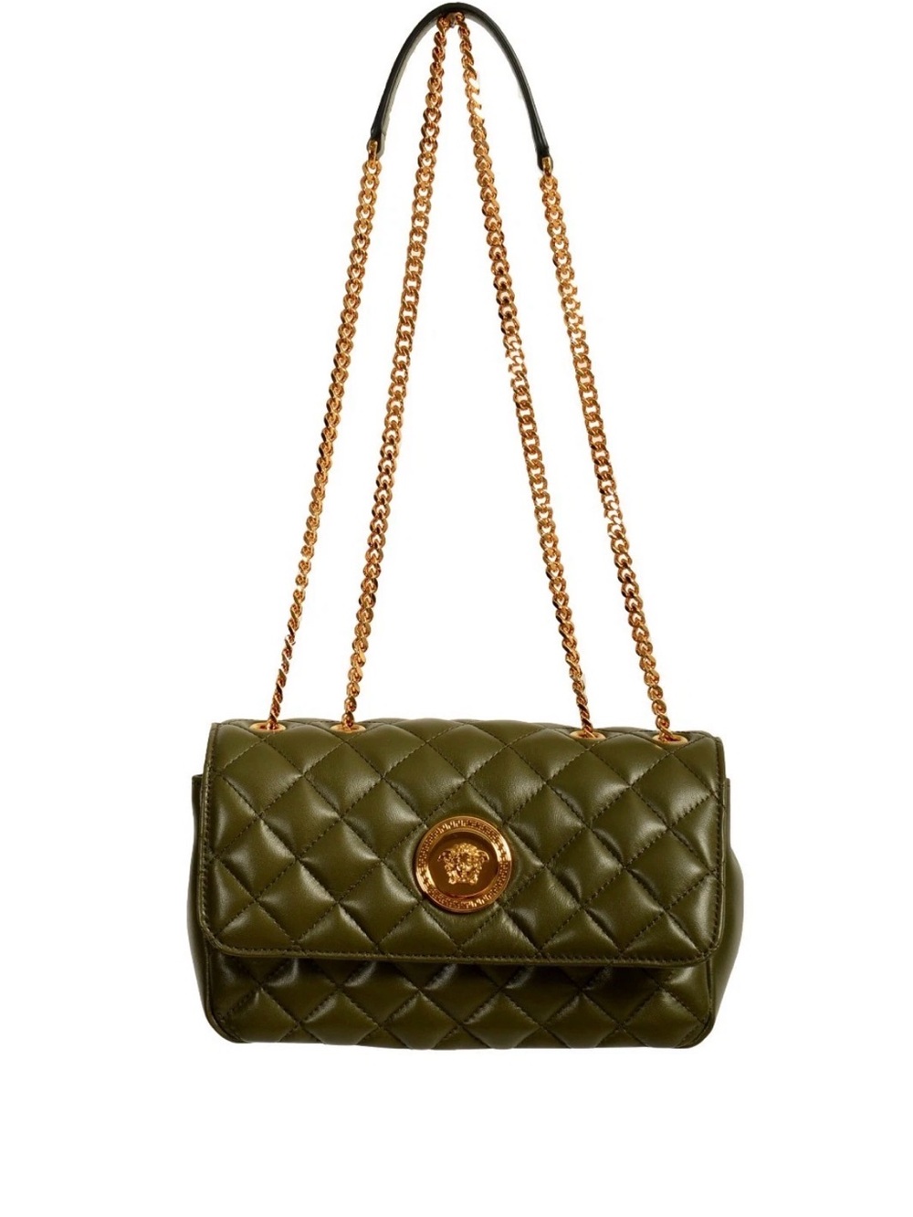 Versace Olive Quilted Shoulder Bag with Gold Chain